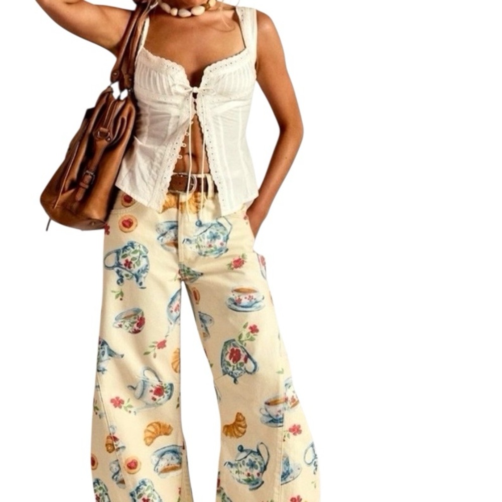We The Free Cream Wide-Leg Pants with Teacup & Pastry Print